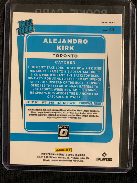 2021 PANINI DONRUSS OPTIC BASEBALL #63 TORONTO BLUE JAYS - ALEJANDRO KIRK GREEN PRIZM RATED ROOKIE CARD