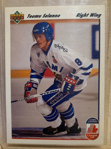 1991-92 UPPER DECK HOCKEY #21 WINNIPEG JETS - TEEMU SELANNE ROOKIE CARD RAW