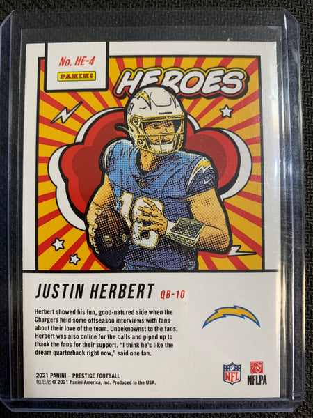 2021 PANINI PRESTIGE NFL FOOTBALL #HE-4 LOS ANGELES CHARGERS - JUSTIN HERBERT HEROES FOIL INSERT CARD