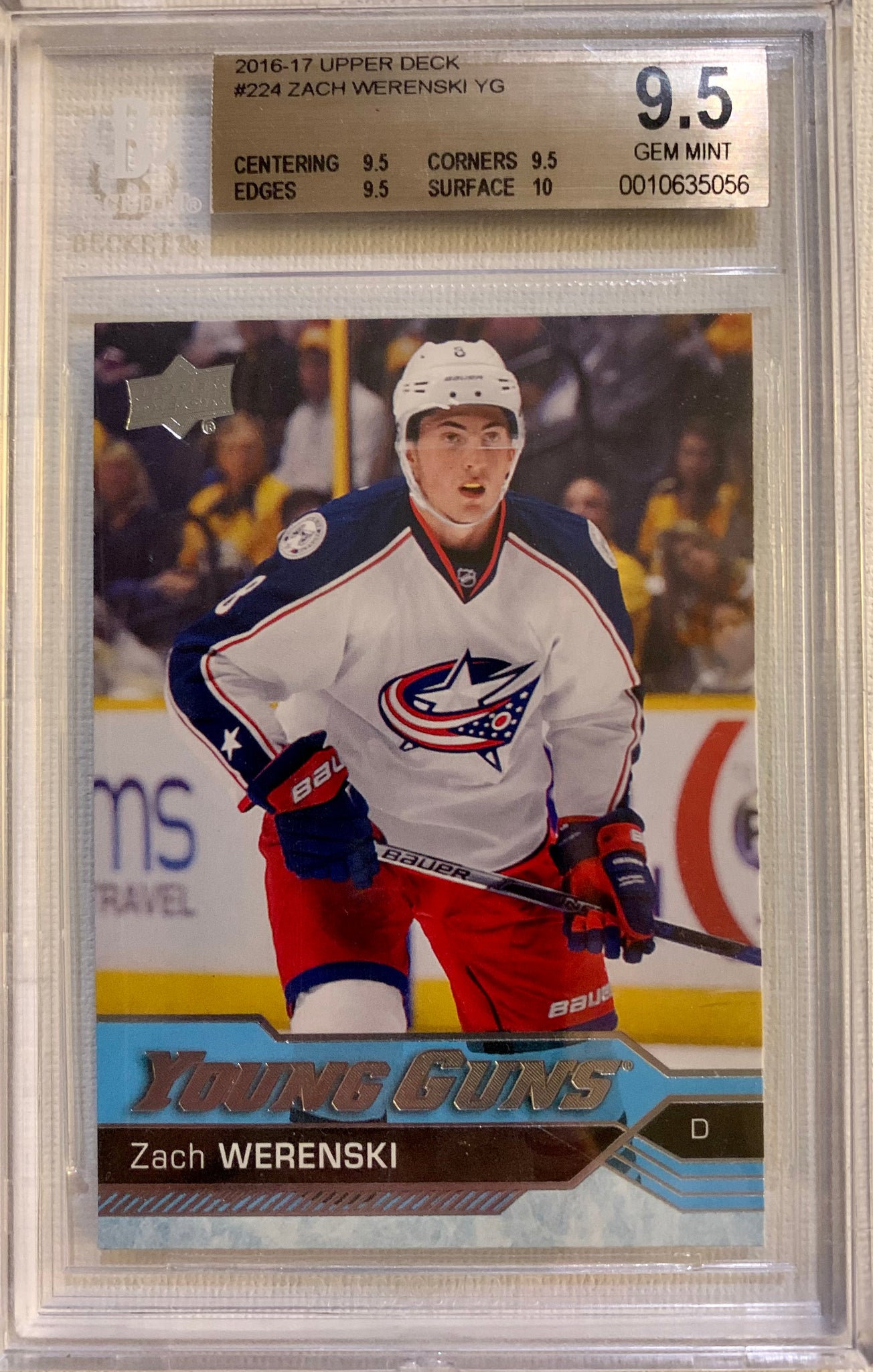 2016-17 UPPER DECK HOCKEY #224 COLUMBUS BLUE JACKETS - ZACH WERENSKI ROOKIE CARD GRADED BGS 9.5 GEM MINT