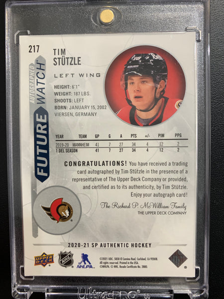 2020-21 UD SP AUTHENTIC HOCKEY #217 OTTAWA SENATORS - TIM STUTZLE FUTURE WATCH AUTO ROOKIE CARD NUMBERED 453/999