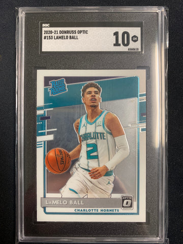 2020-2021 PANINI DONRUSS OPTIC NBA BASKETBALL #153 CHARLOTTE HORNETS - LAMELO BALL BLUE VELOCITY PRIZM RATED ROOKIE CARD GRADED SGC 10 GEM MINT