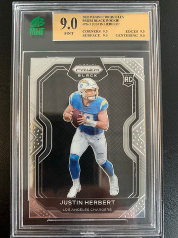 2020 PANINI CHRONICLES FOOTBALL #PB-3 LOS ANGELES CHARGERS - JUSTIN HERBERT PRIZM BLACK ROOKIE CARD GRADED MNT 9.0 MINT