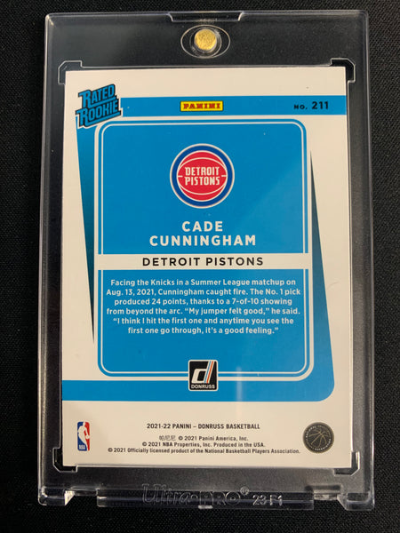2021-22 PANINI DONRUSS BASKETBALL #211 DETROIT PISTONS - CADE CUNNINGHAM GREEN & YELLOW LASER HOLO ROOKIE CARD