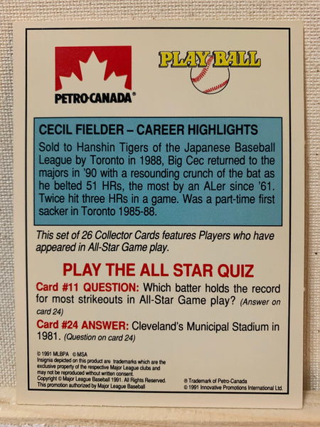 1991-92 BASEBALL #11 OF 15 - CECIL FIELDER PETRO CANADA ALL-STAR FANFEST 3-D CARD RAW