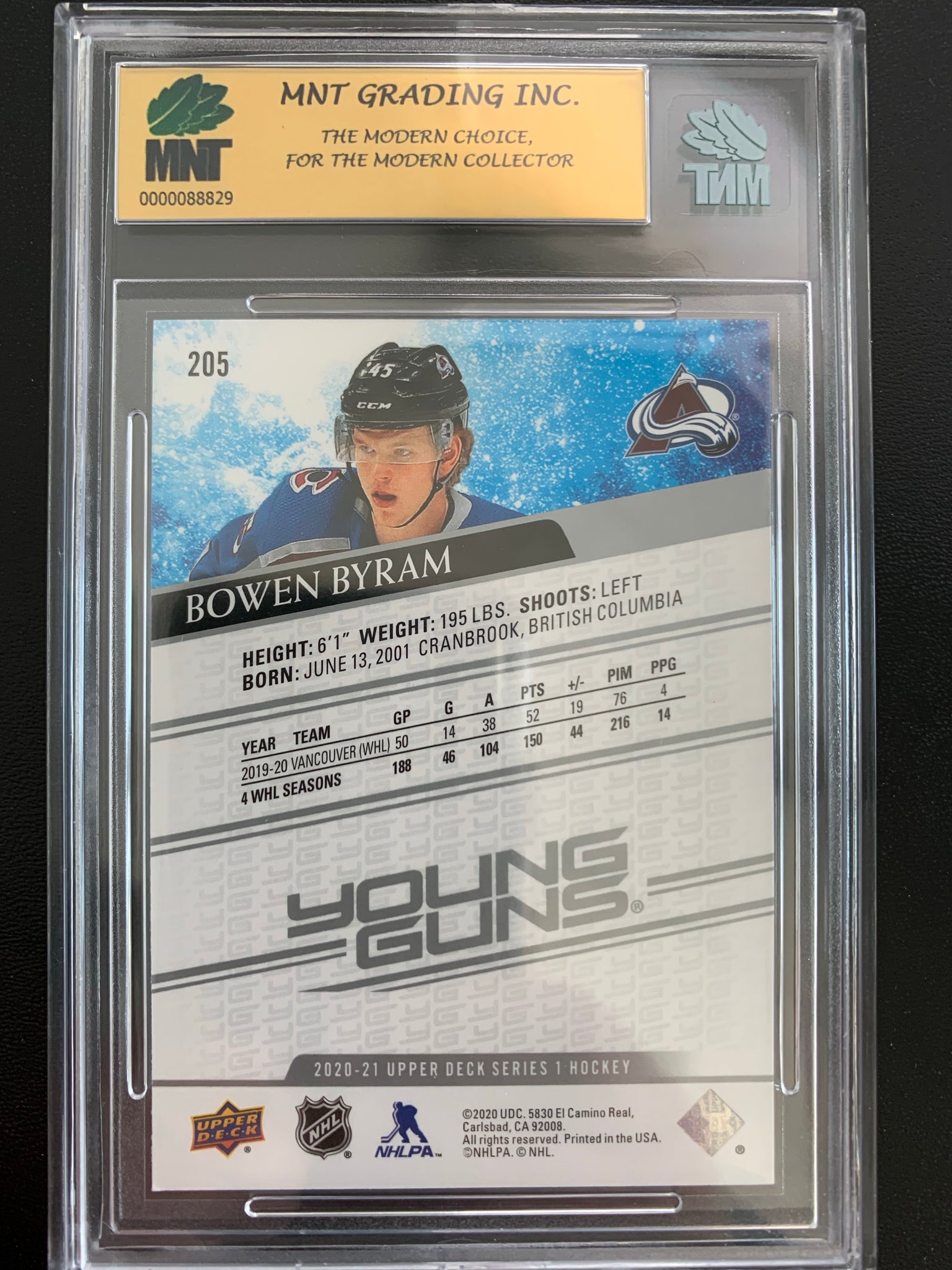 2020-21 UPPER DECK HOCKEY #205 COLORADO AVALANCHE - BOWEN BYRAM ROOKIE CARD GRADED MNT 9.0 MINT