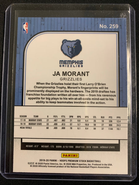 2019-20 PANINI NBA HOOPS PREMIUM STOCK BASKETBALL #259 MEMPHIS GRIZZLIES - JA MORANT PHOTO VARIATION ROOKIE CARD