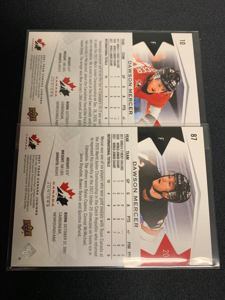 2021 UPPER DECK TEAM CANADA JUNIORS HOCKEY LOT - DAWSON MERCER 2 CARD LOT #10 & #87
