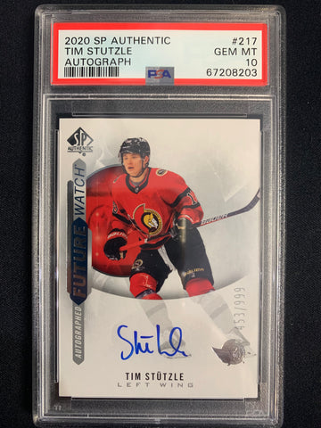 2020-21 UD SP AUTHENTIC HOCKEY #217 OTTAWA SENATORS - TIM STUTZLE FUTURE WATCH AUTO ROOKIE CARD NUMBERED 453/999 GRADED PSA 10 GEM MINT