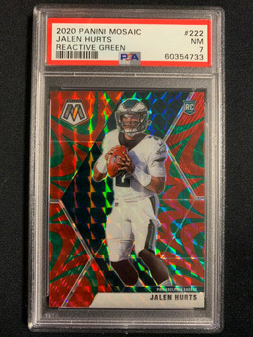 2020 PANINI MOSAIC FOOTBALL #222 PHILADELPHIA EAGLES -JALEN HURTS REACTIVE GREEN MOSAIC VARIANT ROOKIE CARD GRADED PSA 7 NM