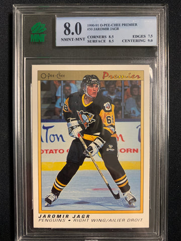 1990-91 O-PEE-CHEE PREMIER HOCKEY #50 PITTSBURGH PENGUINS - JAROMIR JAGR ROOKIE CARD GRADED MNT 8.0 NMNT-MINT