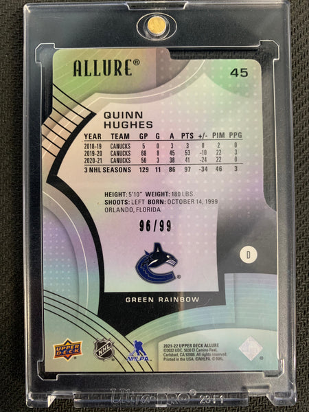 2021-22 UPPER DECK ALLURE HOCKEY #45 VANCOUVER CANUCKS - QUINN HUGHES GREEN RAINBOW PARALLEL #'D 96/99