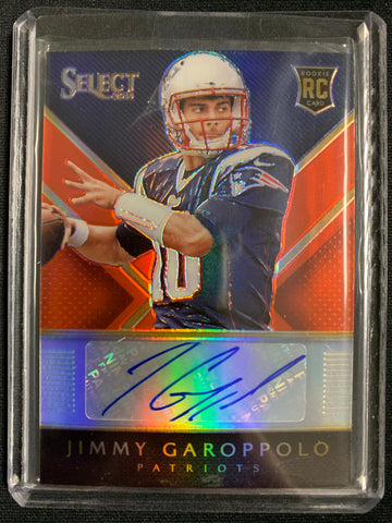 2014 PANINI SELECT FOOTBALL #RA-JG NEW ENGLAND PATRIOTS - JIMMY GAROPPOLO PRIZM PARALLEL AUTOGRAPHED ROOKIE CARD NUMBERED 21/35