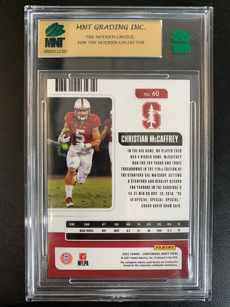 2021 PANINI CONTENDERS DRAFT PICKS FOOTBALL #60 CAROLINA PANTHERS - CHRISTIAN MCCAFFREY CONFERENCE FINALS TICKET PRIZM NUMBERED 66/99 GRADED MNT 9.0 MINT