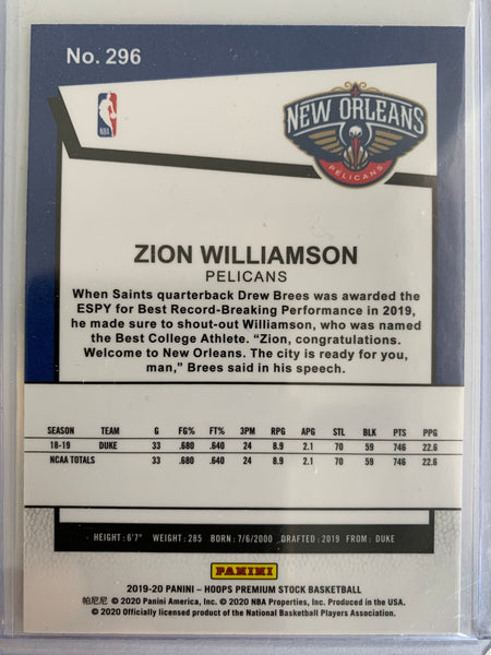2019-2020 PANINI NBA HOOPS PREMIUM STOCK #296 NEW ORLEANS PELICANS - ZION WILLIAMSON TRIBUTE ROOKIE CARD