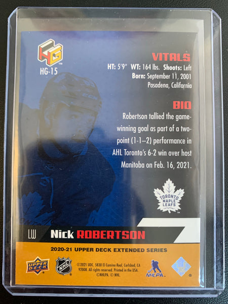 2020-21 UPPER DECK EXTENDED HOCKEY #HG-15 TORONTO MAPLE LEAFS - NICK ROBERTSON GOLD HOLOGR-FX INSERT ROOKIE CARD