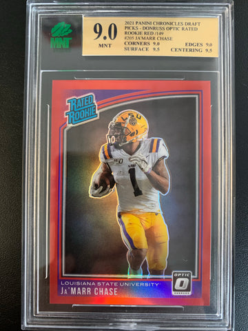2021 PANINI CHRONICLES DRAFT PICKS FOOTBALL #205 CINCINNATI BENGALS - JA'MARR CHASE OPTIC RED PRIZM RATED ROOKIE CARD NUMBERED 099/149 GRADED MNT 9.0 MINT