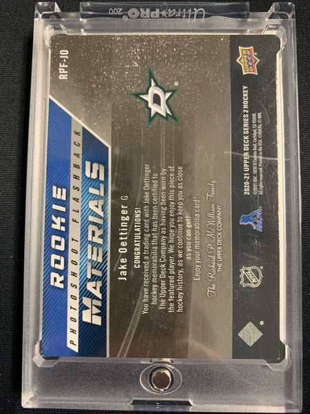 2020-21 UPPER DECK HOCKEY #RPF-JO DALLAS STARS - JAKE OETTINGER ROOKIE MATERIALS PHOTOSHOOT FLASHBACK PATCH NUMBERED 08/15