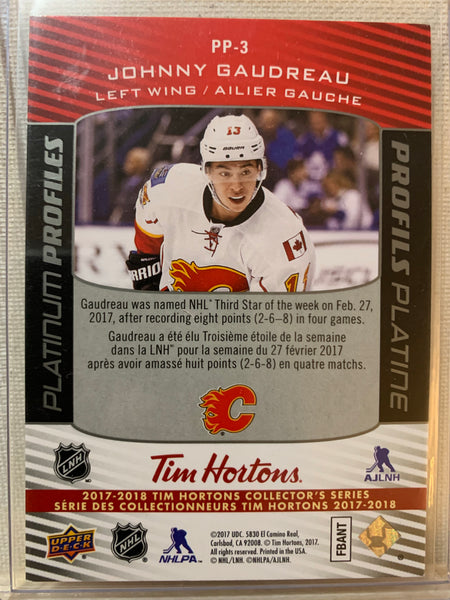 2017-18 TIM HORTONS HOCKEY #PP-3 CALGARY FLAMES - PLATINUM PROFILES JOHNNY GAUDREAU CARD RAW