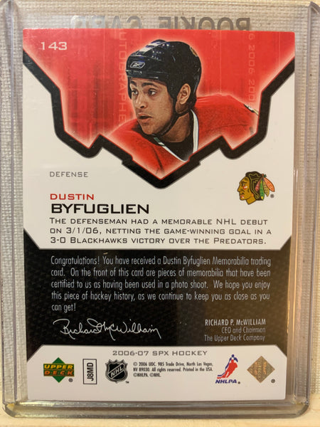 2006-07 SPX HOCKEY #143 CHICAGO BLACKHAWKS - DUSTIN BYFUGLIEN SPX JERSEY ROOKIE CARD RAW