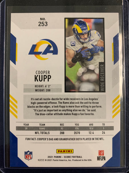 2021 PANINI SCORE NFL FOOTBALL #253 LOS ANGELES RAMS - COOPER KUPP BLUE LAZER PRIZM NUMBERED 12/20