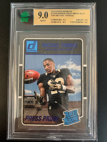 2016 PANINI DONRUSS FOOTBALL #386 NEW ORLEANS SAINTS - MICHAEL THOMAS BLUE PRESS PROOF RATED ROOKIE CARD GRADED MNT 9.0 MINT