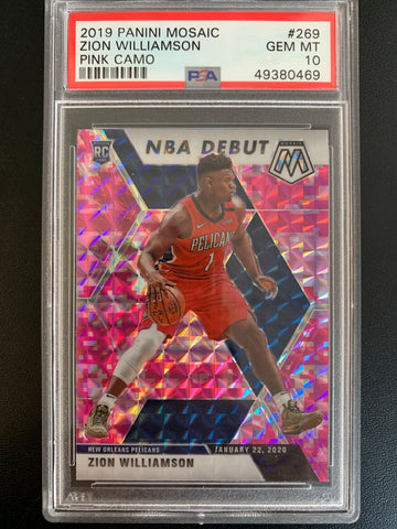 2019 PANINI MOSAIC NBA BASKETBALL #269 NEW ORLEANS PELICANS - ZION WILLIAMSON NBA DEBUT ROOKIE CARD PINK CAMO SP GRADED PSA 10 GEM MINT