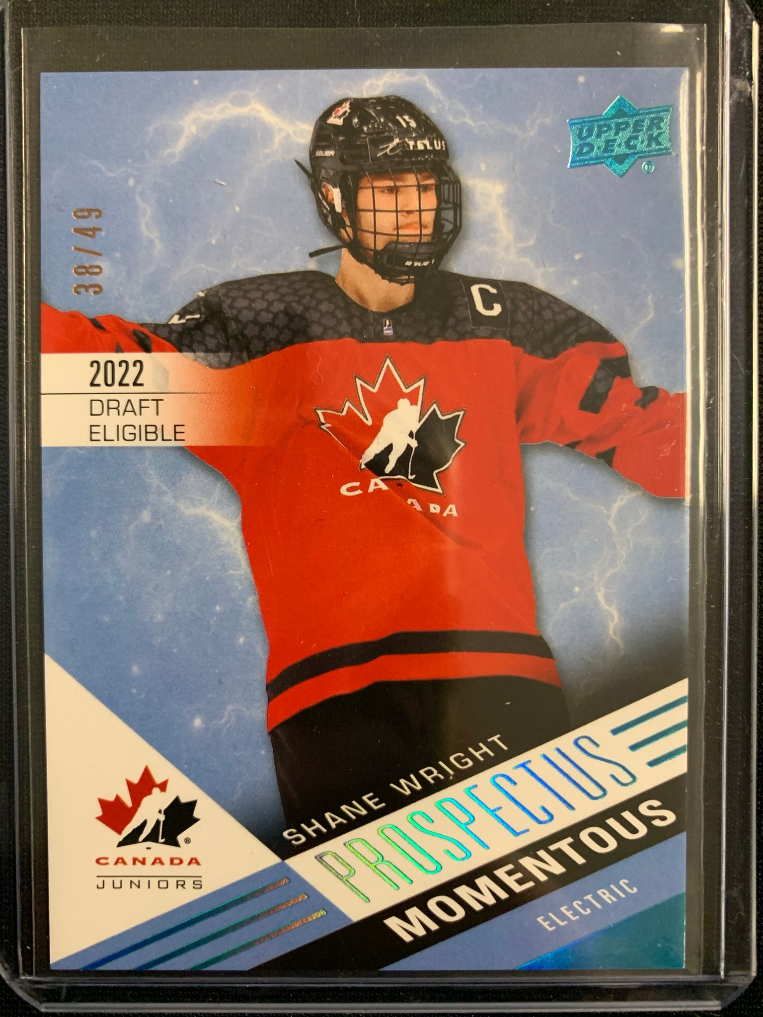 2021 UPPER DECK TEAM CANADA JUNIORS HOCKEY #PM-15 - SHANE WRIGHT PROSPECTUS ELECTRIC BLUE PARALLEL NUMBERED 38/49