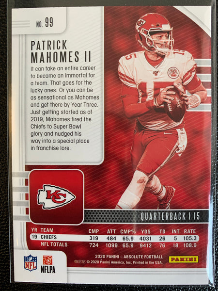 2020 PANINI ABSOLUTE FOOTBALL #99 KANSAS CITY CHIEFS - PATRICK MAHOMES ABSOLUTE GREEN FOIL CARD