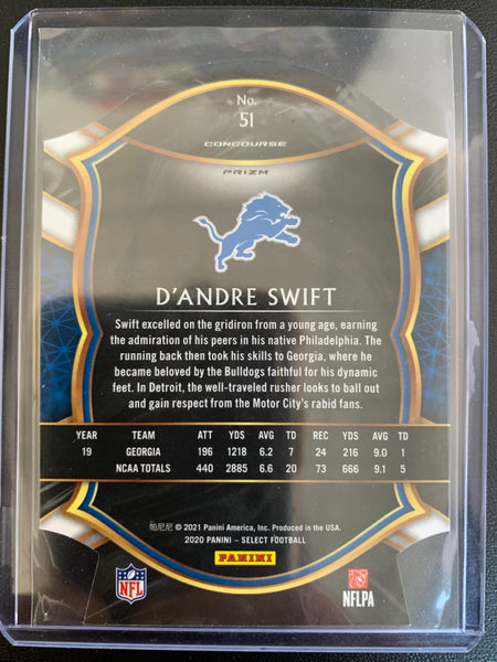 2020 PANINI SELECT FOOTBALL #51 DETROIT LIONS - D'ANDRE SWIFT SELECT DIE CUT CONCOURSE LEVEL ROOKIE CARD