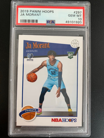 2019 PANINI HOOPS NBA BASKETBALL #297 MEMPHIS GRIZZLIES - JA MORANT TRIBUTE ROOKIE CARD GRADED PSA 10 GEM MINT