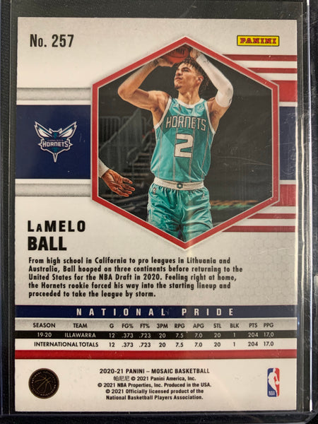 2020-2021 PANINI MOSAIC NBA BASKETBALL #257 CHARLOTTE HORNETS - LAMELO BALL MOSAIC NATIONAL PRIDE ROOKIE CARD