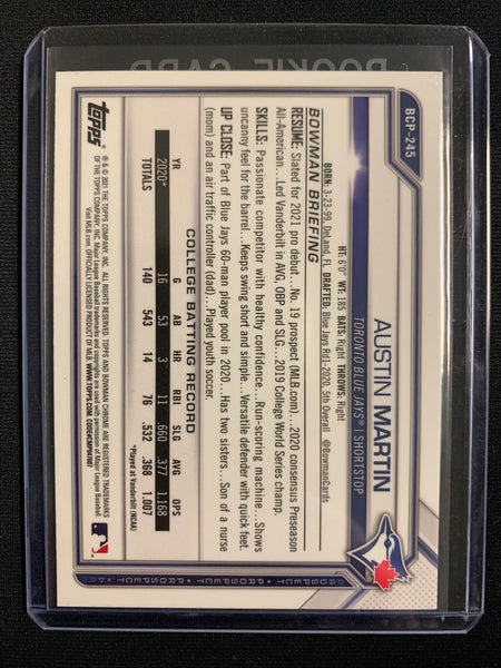 2021 BOWMAN CHROME BASEBALL #BCP-245 TORONTO BLUE JAYS - AUSTIN MARTIN BLACK & WHITE MINI DIAMOND PARALLEL PROSPECT ROOKIE CARD
