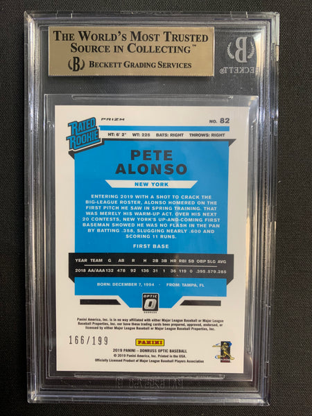 2019 PANINI DONRUSS OPTIC BASEBALL #82 NEW YORK METS - PETE ALONSO PINK VELOCITY RATED ROOKIE NUMBERED 166/199 GRADED BGS 9.5 GEM MINT