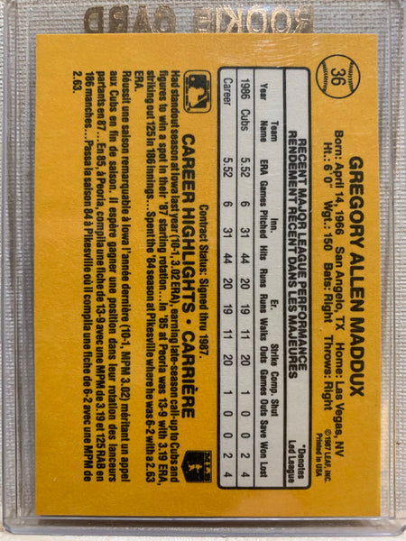 1987-88 LEAF DONRUSS BASEBALL #36 - GREG MADDUX RATED ROOKIE CARD RAW