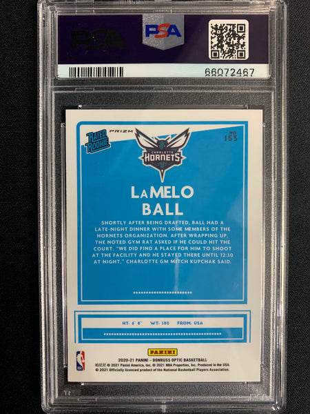 2020-2021 PANINI DONRUSS OPTIC NBA BASKETBALL #153 CHARLOTTE HORNETS - LAMELO BALL SILVER HOLO RATED ROOKIE GRADED PSA 9 MINT
