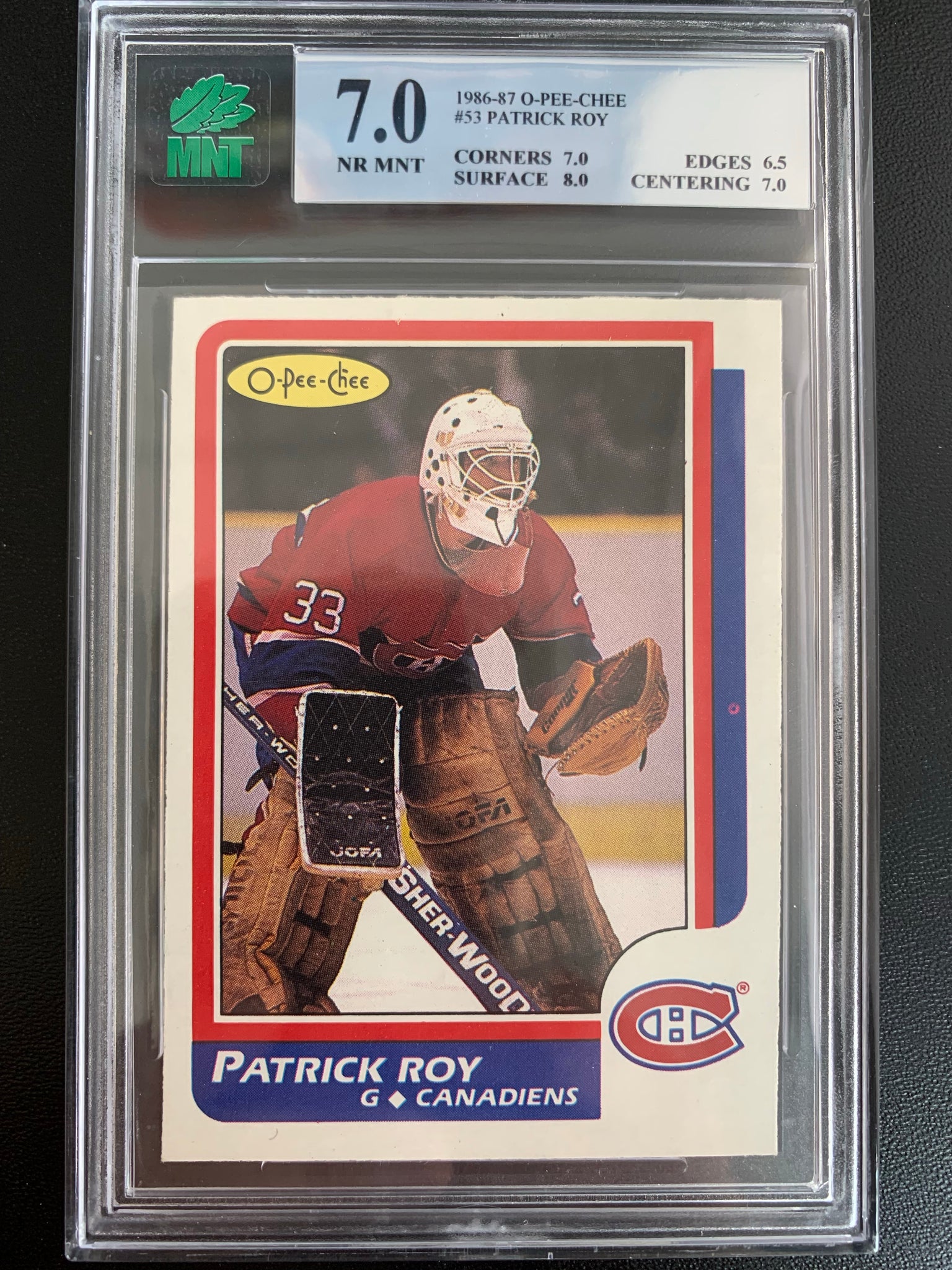 1986-87 O-PEE-CHEE HOCKEY #53 MONTREAL CANADIENS - PATRICK ROY ROOKIE CARD GRADED MNT 7.0 NR MINT