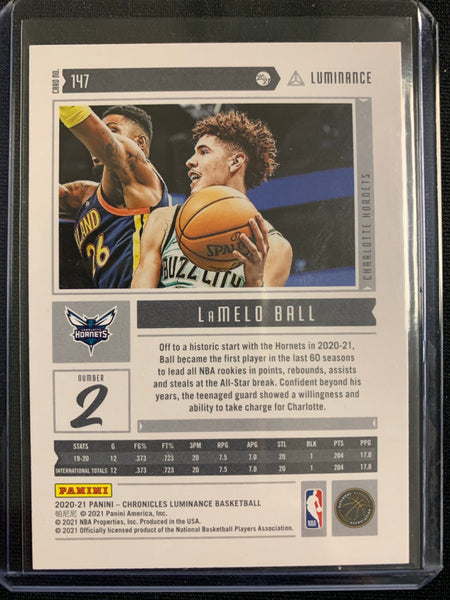 2020-2021 PANINI CHRONICLES NBA BASKETBALL #147 CHARLOTTE HORNETS - LAMELO BALL PANINI LUMINANCE ROOKIE CARD