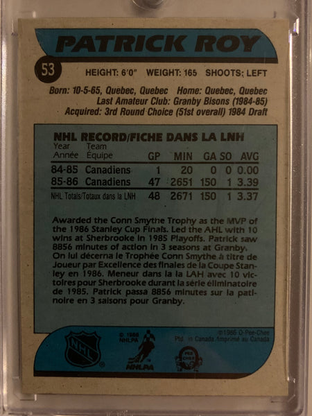1986-87 O-PEE-CHEE HOCKEY #53 MONTREAL CANADIENS - PATRICK ROY ROOKIE CARD RAW