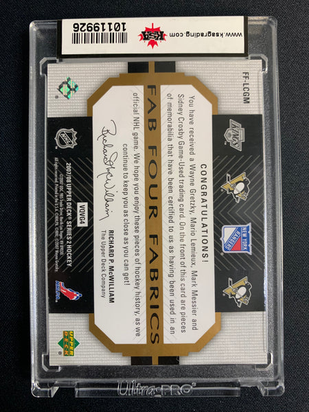 2007-08 UPPER DECK SERIES 2 HOCKEY #FF-LCGM - GRETZKY/LEMIEUX/MESSIER/CROSBY FAB FOUR FABRICS NUMBERED 007/100 RAW GRADED KSA 9
