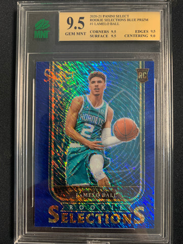2020-2021 PANINI SELECT NBA BASKETBALL #1 CHARLOTTE HORNETS - LAMELO BALL ROOKIE SELECTIONS BLUE SHIMMER ROOKIE CARD GRADED MNT 9.5 GEM MINT