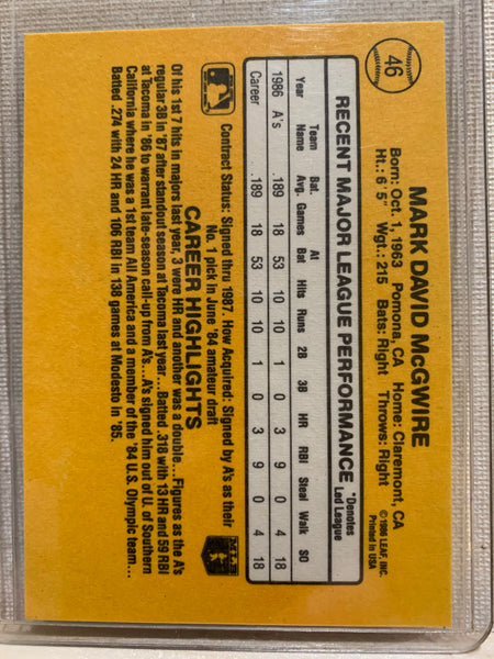 1987-88 DONRUSS BASEBALL #46 - MARK MCGWIRE RATED ROOKIE CARD RAW