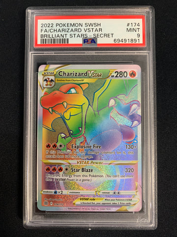 2022 POKEMON SW & SH BRILLIANT STARS CHARIZARD VSTAR FULL ART SECRET RAINBOW 174/172 GRADED PSA 9 MINT