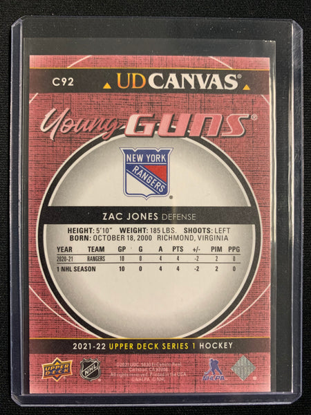 2021-22 UPPER DECK S1 HOCKEY #C92 NEW YORK RANGERS - ZAC JONES RED CANVAS YOUNG GUNS ROOKIE CARD