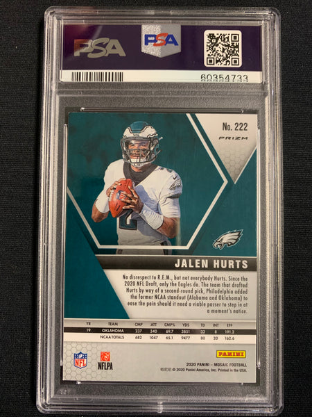 2020 PANINI MOSAIC FOOTBALL #222 PHILADELPHIA EAGLES -JALEN HURTS REACTIVE GREEN MOSAIC VARIANT ROOKIE CARD GRADED PSA 7 NM