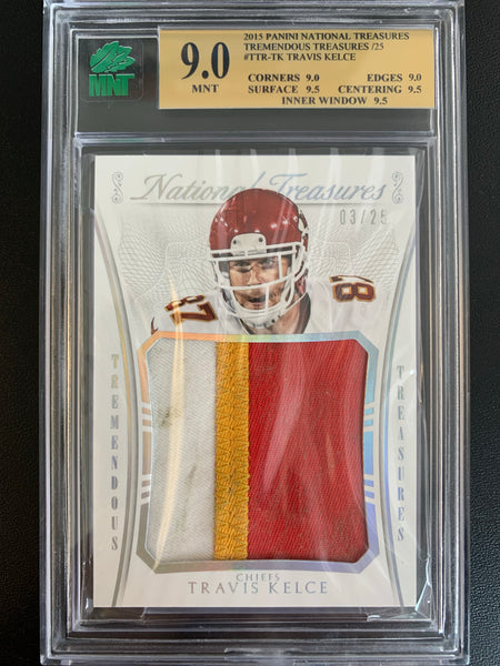 2015 PANINI NATIONAL TREASURES FOOTBALL #TTR-TK KANSAS CITY CHIEFS - TRAVIS KELCE TREMENDOUS TREASURES GAME WORN PATCH NUMBERED 03/25 GRADED MNT 9.0 MINT