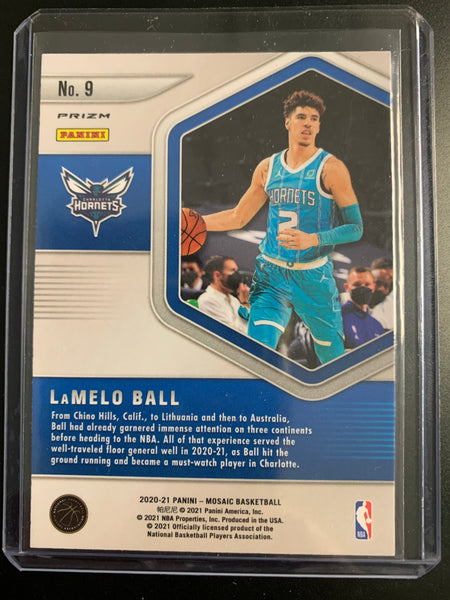 2020-2021 PANINI MOSAIC NBA BASKETBALL #9 CHARLOTTE HORNETS - LAMELO BALL MOSAIC SILVER BLUE CHIPS ROOKIE CARD