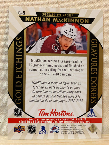2020-21 TIM HORTONS HOCKEY #G-5 COLORADO AVALANCHE - GOLD ETCHINGS NATHAN MACKINNON CARD RAW