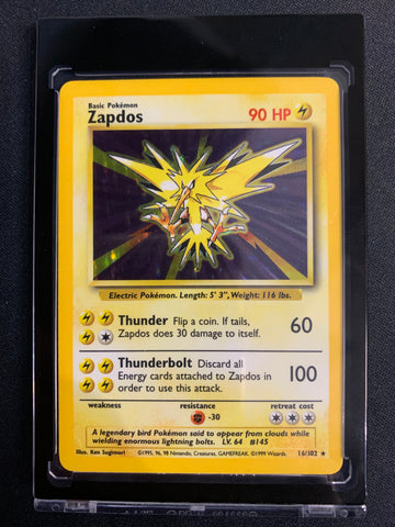 1999 POKEMON BASE SET UNLIMITED - ZAPDOS HOLO RARE 16/102 - MINT NEVER PLAYED