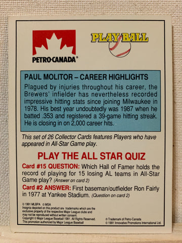 1991-92 BASEBALL #15 OF 15 - PAUL MOLITOR PETRO CANADA ALL-STAR FANFEST 3-D CARD RAW